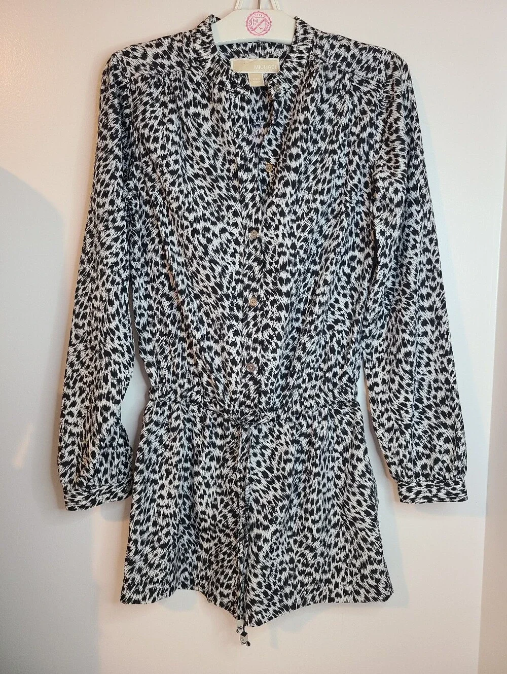 Michael Kors Leopard Print Button Down Long Sleeve Short Romper Size XXS